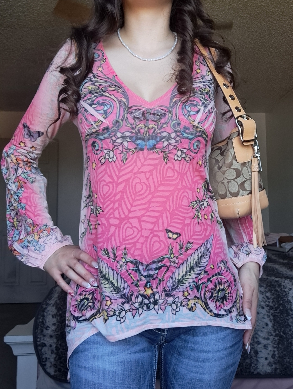 Butterfly Dropout Vintage y2k Pink Long Sleeve Top Size Small - Picture 5 of 6